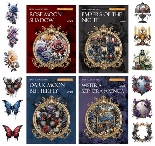 Scrapbooking Stickers, 160 Stück Retro Gothic Aufkleber, Rose/Schmetterling/Kranz/Retro Lampe, Dunkle Ästhetische PET Aufkleber für Scrapbooking, Journaling, Basteln, Kartenherstellung