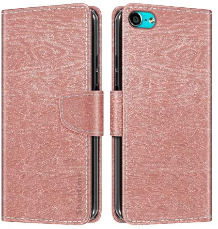 Shantime Schutzhülle für iPod Touch 6 (10,2 cm / 4 Zoll), Holzmaserung, Leder, Brieftaschenformat, Kartenhalter, Ständer, weiche TPU-Innenhülle, Roségold