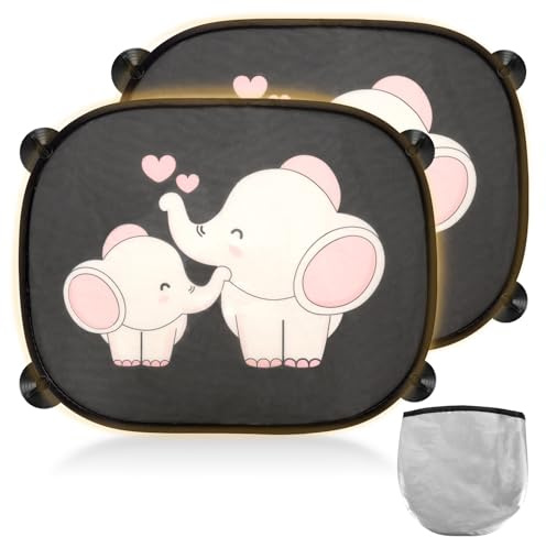 2 Stück Sonnenschutz Auto Baby, 45x35.5cm UV-Schutz Sonnenblende mit 8 Saugnäpfen, Auto Sonnenschutz Baby mit Süßen Tier Motiven (Elefant)