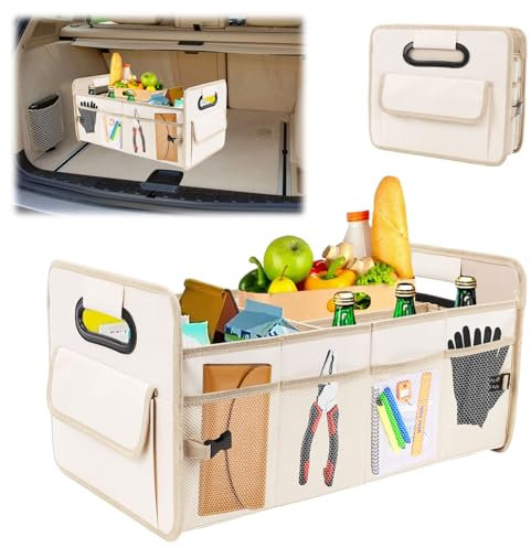 Kofferraum Organizer, Kofferraumtasche Faltbar Auto Organizer Kofferraum 3 Fächer 6 Taschen Wasserdichter Faltbox Autobox für Lange Fahrten im Auto, Van oder Campervan (53*32*27CM) (Beige)