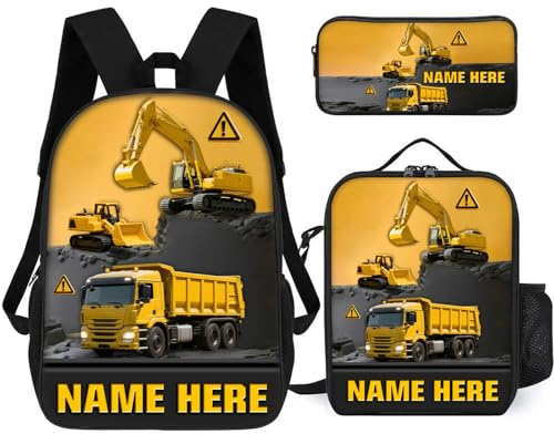 SweetJECCU Personalisierter Bagger-Rucksack, individueller Name, 3-teilig, Büchertasche, Baurucksack-Set, Style-10, Large, Technisches Fahrzeug