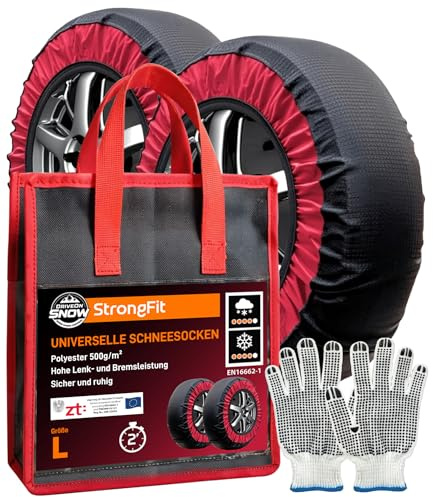 Textile Schneeketten für Autos EN 16662-1-zertifiziert Größe L - DriveOnSnow StrongFit Besserer Grip schnelle Montage 2 Min und höhere Zuverlässigkeit sicher auf Schnee und Eis bis zu 40 km/h