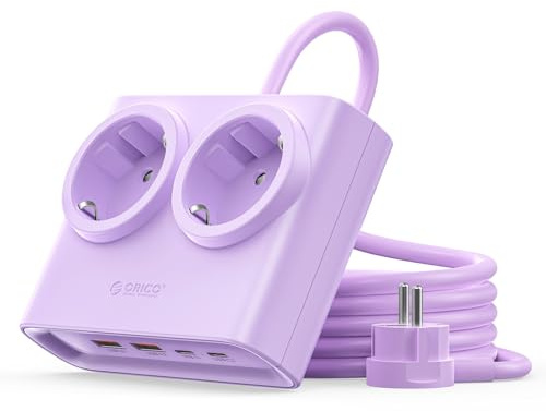 ORICO PD 25W USB C Mehrfachsteckdose 6-in-1 Lila 1,6m Kabel | GaN Technologie, 25W Schnellladung, 2AC, 2USB-A, 2USB-C, 2500W MAX für Büro, Schlafzimmer, Arbeitszimmer & Haushalt