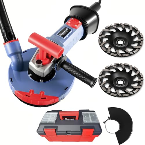 FANZWORK Amoladora de Hormigón de 2100 W / 180 mm Juego de Fresadora de Hormigón, Incluye 2 Ruedas de Copa de Diamante Premium de 180 mm, Campana de Succión, Mango en Forma de T