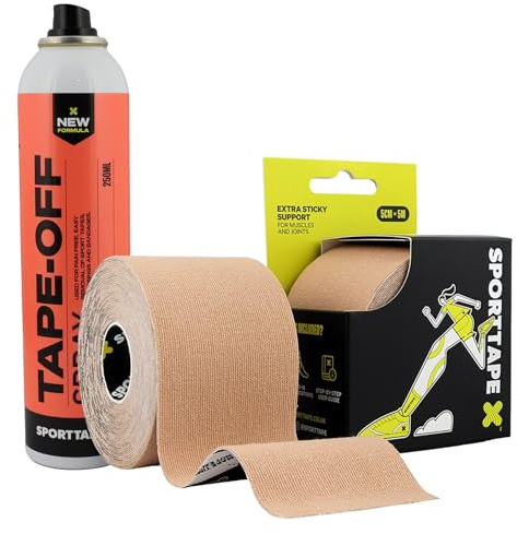 SPORTTAPE Kinesiology Tape Removal Bundle – 5cm x 5m Beige Waterproof Hypoallergenic Physio Tape for Muscle & Joint Support plus 250ml Fast Drying, Skin Friendly Adhesive Remover Spray