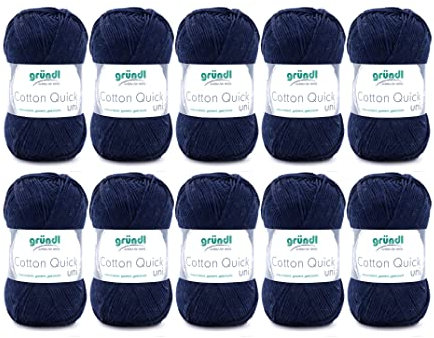Gründl Wolle Cotton Quick uni - Wolle zum Häkeln aus 100 % Baumwolle - Wolle zum Stricken - glänzendes Baumwollgarn 10 Knäuel 50 g / 125 m - Dunkelblau