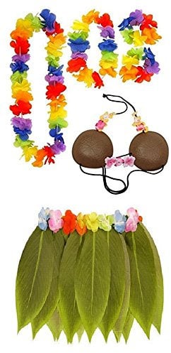 Mega_Jumble® Girls Ladies Hula Hawaiian Set Tropical Summer BBQ Party Set- Hula Leaf Skirt With Flowers, Coconut Bra, Cuffs, Headpiece & Lei Garland 6 Piece Women Fancy Dress Beach Dance Fun Party Set