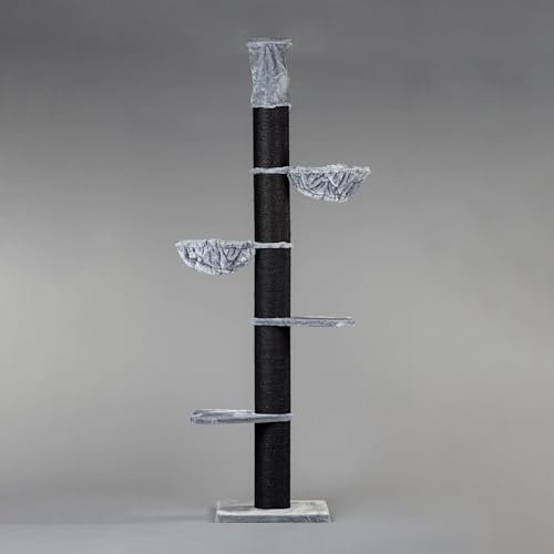 RHRQuality Kratzbaum für große Katzen – Maine Coon Tower Plus – 235 bis 255 cm hoch – mit extra dicken 20 cm Sisalstämmen – Blackline Hellgrau