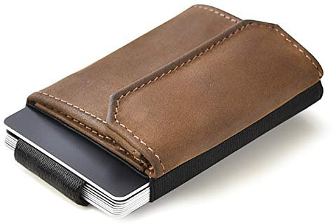 Jaimie Jacobs Minimalist Wallet Nano Boy Pocket Mini Geldbörse aus Textil mit Zugband schmaler Kartenhalter für Herren und Damen (Büffelleder Braun)
