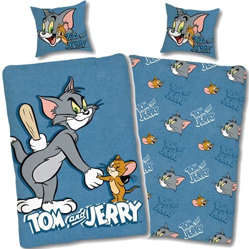 SkyBrands Tom und Jerry Bettwäsche 135 x 200 cm, Kissenbezug 80 x 80 cm, Kinderbettwäsche-Set, wendbar, mit Tom und Jerry-Motiv, 100 Baumwolle, Ko-Tex-Standard 100, deutsche Standardgröße
