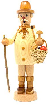Drechslerei Friedbert Uhlig, Räuchermännchen Nr. 011/n, Waldarbeiter m. Korb, Natur, 25 cm hoch, aus regionalem Holz gedrechselt, echte Handarbeit aus dem Erzgebirge, Weihnachten, Holzkunst, Echtholz