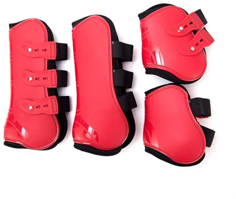 Merauno® Gamaschen Pferde 4er Set Sehne Schützer Fetlock Pferdesprungschutz Vorne Hinter Paar Robust Elastisch PU Shell Neopren Knopfverschluss 2 Paar für Damen& Herren (L(WB), Rot)