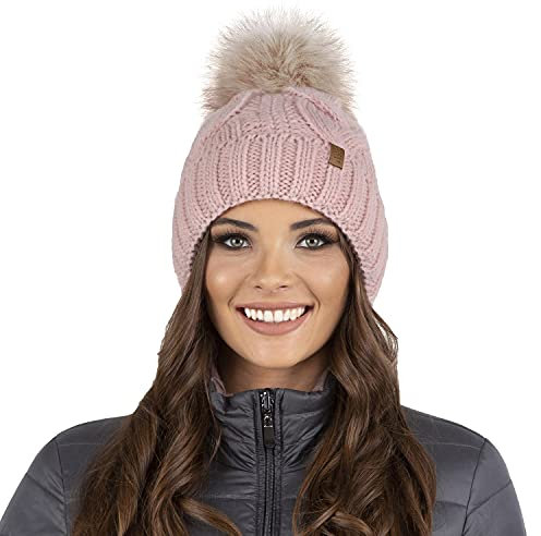 VIVISENCE Wintermütze Mit Bommel Damen Perfekte Passform Warmes Strickmütze Herbst Frauen Mütze Für Winter Aufgerolltem Design Für Extra Wärme Ideal Für Kalte Wintertage Modell, Rosa,Einheitsgröße