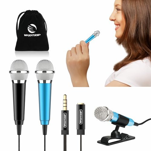 Wootrip [2 piezas] Mini micrófono de karaoke, mini micrófono de grabación de voz, micrófono de karaoke portátil para cantar, grabar, grabación de voz (negro/azul)