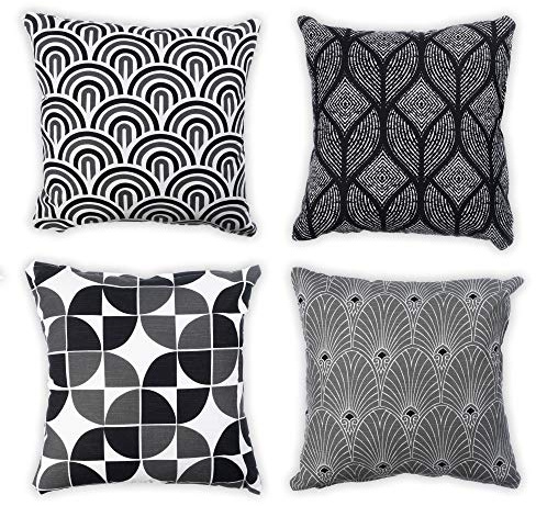 Penguin Home 4Er - Pack Dekorative Quadratische Kissen Aus Baumwolle, Luxuriöse, Stilvolle Für Wohnzimmer, Sofa, Schlafzimmer, Mit Unsichtbarem Reißverschluss, 45X45 cm (18 Inches),Grau/Schwarz/Weiß