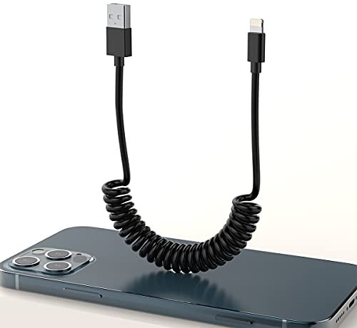 MTAKYI Cavo di ricarica USB a spirale per iPhone per auto (4FT), connettore adattatore per caricabatterie a molla per iPhone compatibile con iPhone Xs/XS Max/XR/X/12/11 Plus/8/Pad Pro Air 2 e altro