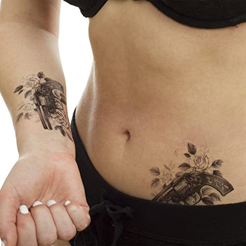 2 x Revolver Tattoo mit Rosen in schwarz - Zweifache Ausführung - Temporary Body Tattoo - TBS8319 (2)
