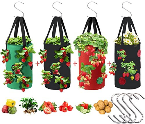 Lot de 4 pots de fleurs à l'envers pour fraises de 10 litres et 4 crochets, poignée de suspension robuste, tissu en feutre épais et respirant pour herbes, tomates, piments, légumes (10,9 l)