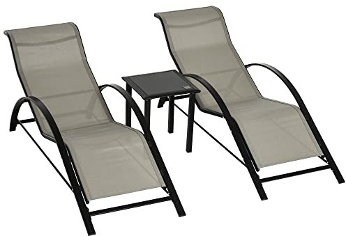 Outsunny Lot de 2 Bains de Soleil Design Contemporain Table Basse Plateau Verre trempé métal époxy textilène Gris