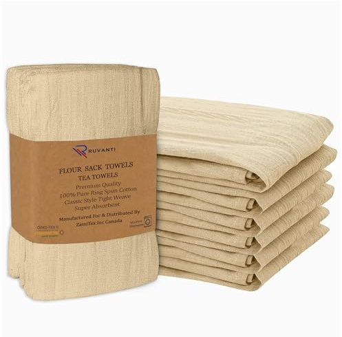 RUVANTI Flour Sack Towels 6 Pack 28”x28”, 100% Cotton Ring Spun – Camel | Washable & Reusable, Absorbent Dish Cloth. Tea Towels, Kitchen Towels are perfect for Drying, Cleaning, Wiping Stain, Dusting