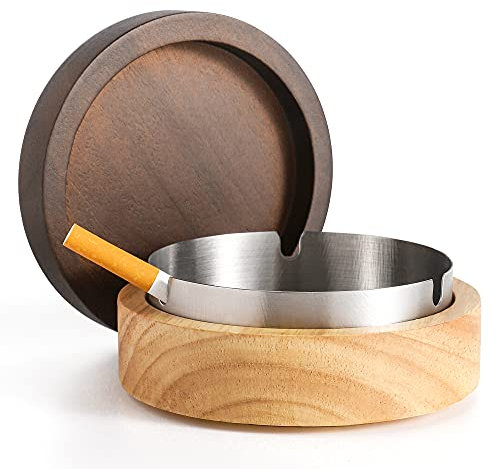 DDAJJAJ Wooden Ashtray with Lid for Smokers Stainless Steel Liner Ash Tray Windproof Durable Easy to Clean Cool Ashtrays for Indoor or Outdoor Use, Patio, Office & Home