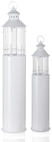 KHG Laterne Leuchtturm 2er Set aus Metall/Glas in weiß, Kerzenständer, Kerzenhalter, Outdoor und Indoor, Deko, Glaseinsatz, für Wohnzimmer, Balkon, Terrasse, Garten usw.