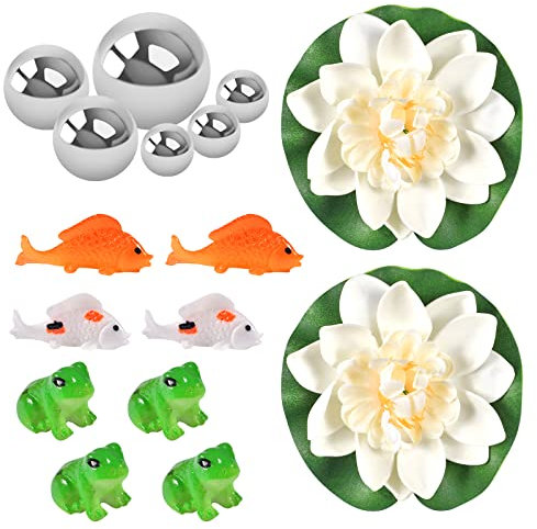 ZeYou Small Garden Ponds Decoration Set 4 Frogs with 6 Silver Balls 4 Koi Carp with Stripes and 2 Pieces Lotus Flower as Garden Decoration for Mini Ponds Fountain Pond Pond Pool