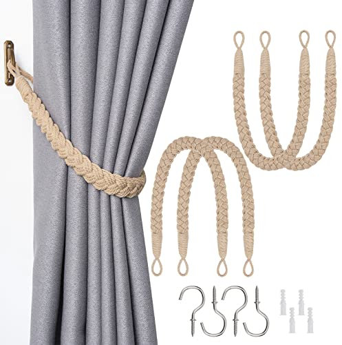 Pretty Jolly Vorhang Raffhalter aus natürlichem Baumwollseil, eleganter, dekorativer Vorhang-Raffhalter im Boho-Stil, weiche, handgewebte Seil-Vorhanghalter für Zuhause und Büro, Dunkelbeige, 4 Stück