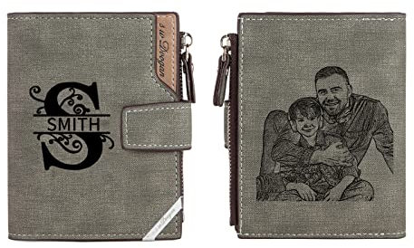 Jeweidea Portefeuille Personnalisé Homme avec Prenom Portefeuille Homme Cuir Portefeuille Photo Gravé Carte Identité Portefeuille Zippé pour Papa Mari Cadeau Fête des Pères Cadeau Personnalisé