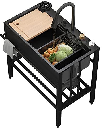 Spüle Spülbecken Schwarz Mobiles Waschbecken Garten Küchenspüle Edelstahl Nano Raindance Waterfall Kitchen Sink mit Cup Washer Cupwash Glasspüler, Wasserhahn Ausziehbar, Konsolenknopf, Seifenspender (
