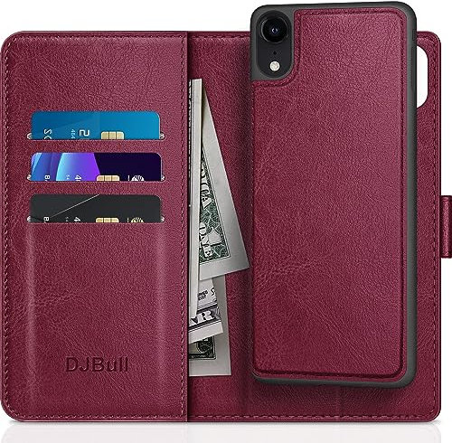 DJBull 2-in-1 Detachable for iPhone XR Wallet case with Credit Card Holder【RFID Blocking】,Flip Folio Book PU Leather Protective Cover Women Men for Apple XR Phone case Wine Red