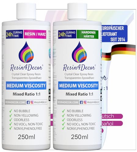 Epoxidharz set RESIN4DECOR 1:1 Gießharz Epoxy Resin Klebstoff für Kunsthandwerk Schmuck Formenbau Gusskristallklarer Vergilbungsfrei Ungiftig Hochglanzfinish 24 St Aushärtungszeit Geruchlos 500ml