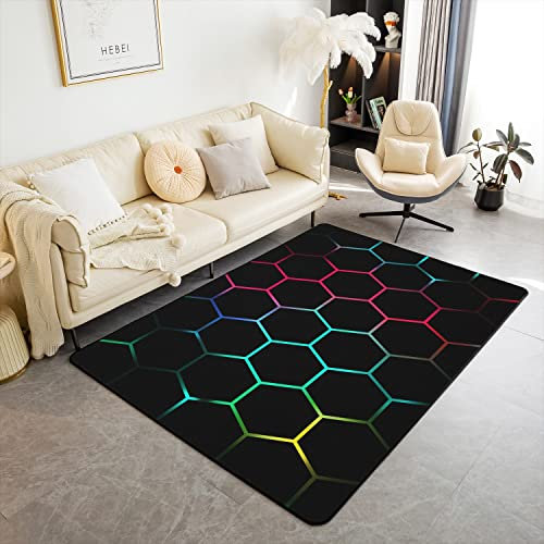 Loussiesd Waben Weich Teppich 150x200cm Wetterfest Modern Geometrie Hexagon Thema Modern Teppich Geometrischal Innenbereich Bodenmatte für Küche und Balkon Grün Rot Outdoor Teppich
