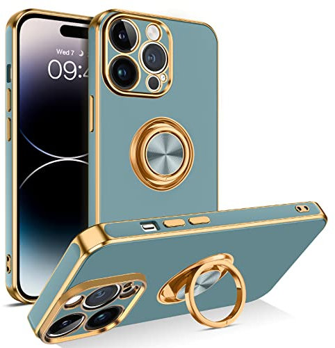 BENTOBEN for iPhone 14 Pro Max Case with Ring Holder, iPhone 14 Pro Max Phone Case, Holder Edge Plating Rotation Kickstand Soft Silicone Shockproof Camera Protective Cover for iPhone 14 Pro Max Gray