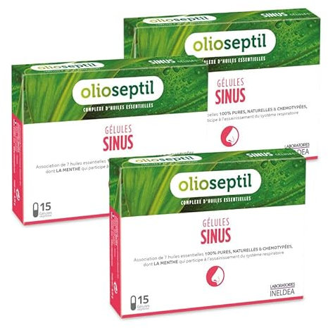 OLIOSEPTIL - Sinus - Complexe de Romarin, Niaouli, Menthe, Citron, Girofle, Ravintsara - Gélules Végétales L-Vcaps® - Assainit les voies respiratoires - Dès 15 Ans - Lot de 3