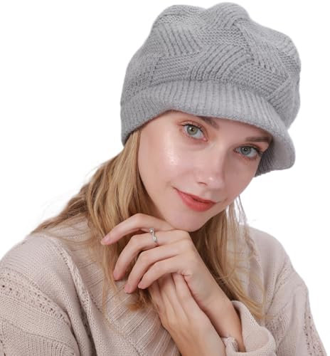 Damen Warme Gefütterte Wintermützegestrickte Schirmmütze Baseballmütze Warm Winter Beanie Hut Knitted Hat mit Weiches Dickes Fleecefutter (hellgrau)