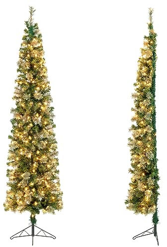 GYMAX Sapin de Noël Artificiel Mince Lumineux 210 CM, Arbre de Noël de 2 Pièces, avec Support en Métal, Aiguilles de Pin, 403 Branches, 150 Lumières LED Blanc Chaud, Décoration de Fêtes