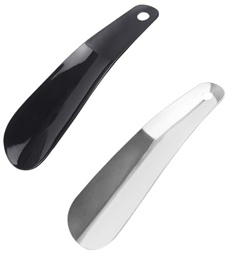 MEMOFYND 1 chausse-pied en acier inoxydable avec 1 chausse-pied en plastique, mini chausse-pied, petit chausse-pied portable et à suspendre, unisexe (4,5 x 16 cm)