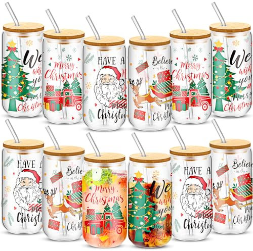Uiifan 12 Pcs Christmas Glass Cups with Lids and Straws 16 oz Christmas Mason Jars Wit Bamboo Cover Gifts for Nurse Teacher Friends Women Kids Men Drinking Glasses Cup Tea Bubble Tea Juice (Cheerful)