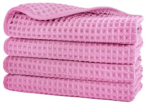Polyte - Gants de toilette en microfibre - Non pelucheux - Structure gaufrée - Rose - 33 x 33 cm - Lot de 4