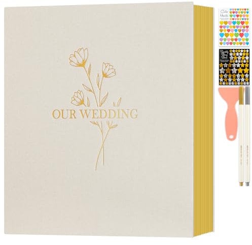 Lanpn Wedding Self Adhesive Photo Album Scrapbook 80 Pages, Linen Photos Albums DIY Sticky Magnetic Pages holds 6x4 7x5 A4 A5 Picture for Wedding (Large, 40 sheets, Beige)