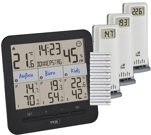 TFA Dostmann Thermo-Hygrometer mit 3 Sendern Klima@Home2, 30.3075.01, Temperatur/Luftfeuchtigkeit in Wohn- & Arbeitsbereichen, Taupunkt zur Schimmelvermeidung, Komfortzone, schwarz mit Batterien