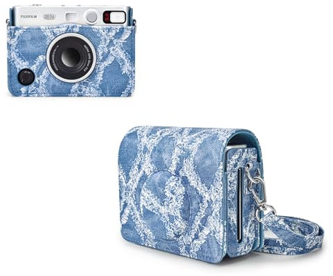 Rieibi Housse Fujifilm Mini Evo - Étui de Protection Vintage en Cuir PU pour Appareil Photo instantané Fuji Fujifilm Mini Evo - Étui Amovible avec bandoulière réglable - Bleu Denim