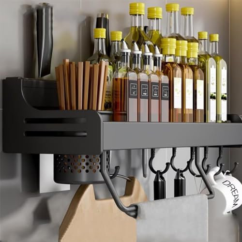 Hovoto Gewürzregal, Gewürzregal Hängend, GewürzregaleKüchenregal wand ohne Bohren, Gewürz Organizer mit Messerschlitz, Haken, Becher, Küchenregal Wand für Gewürze, Schwarz, 40cm, Single Tasse