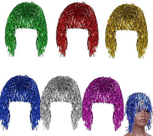 Lametta Perücken,6 Pcs Perücke Metallic Folie Lametta Perücken Kostüm Glänzende Party Perücke für Party Cosplay Zubehö