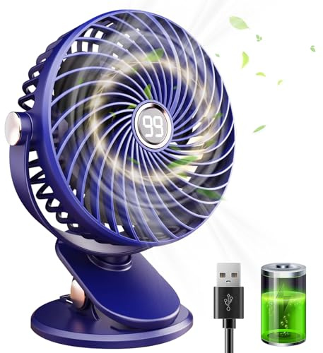Ventilador de Mesa, Ventilador USB Silencioso con Pinza, 6000mAh Portatil Mini Ventilador Pequeño, Pantalla LED, 5 Velocidades 720° Rotation, Ventilador Sobremesa para Oficina Hogar Camping