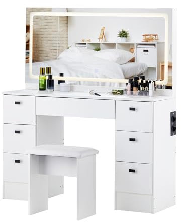 CLIPOP Schminktisch Groß mit 7 Schubladen und Beleuchtung,Einstellbare Helligkeit,Frisiertisch mit Grossen Spiegel und Ladestation,Kosmetiktisch mit Hocker,117 x 40 x 135 cm,Weiß