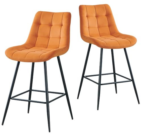JYMTOM Samt Barhocker 2er Set, Barstühle mit gepolsterten Rückenlehnen und Fußstütze aus Metall, Retro Design Bistrohocker für Bar, Küche, Theke und Bistro(2, Orange)