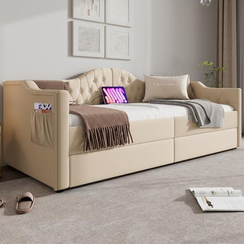 Soweiz Polsterbett Tagesbett Einfaches Sofabett Multifunktionales Stauraumbett mit USB-Typ-C-Ladung und 2 Schubladen Bettrahmen (Matratze Nicht enthalten) (Beige Samt, 90x200cm)