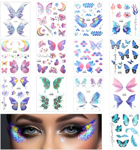13 Pièces Tatoo Temporaire Papillon Femme Tatouage Paillettes Visage Festival Faux Tatouage Papillon Imperméable pour Maquillage Festival de Fête Décoration Corporelle Féerique à Paillettes